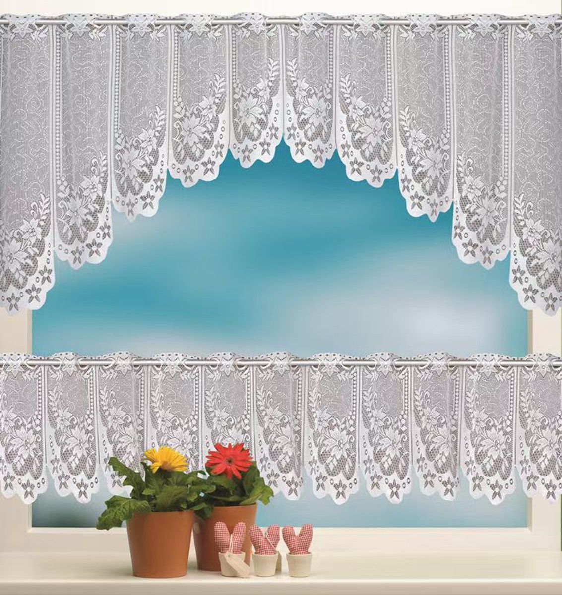 Floraweg Bloemenkantgordijn, voor keukens en cafés, haakpatroon, set van twee,160x30cm+160x60cm wit