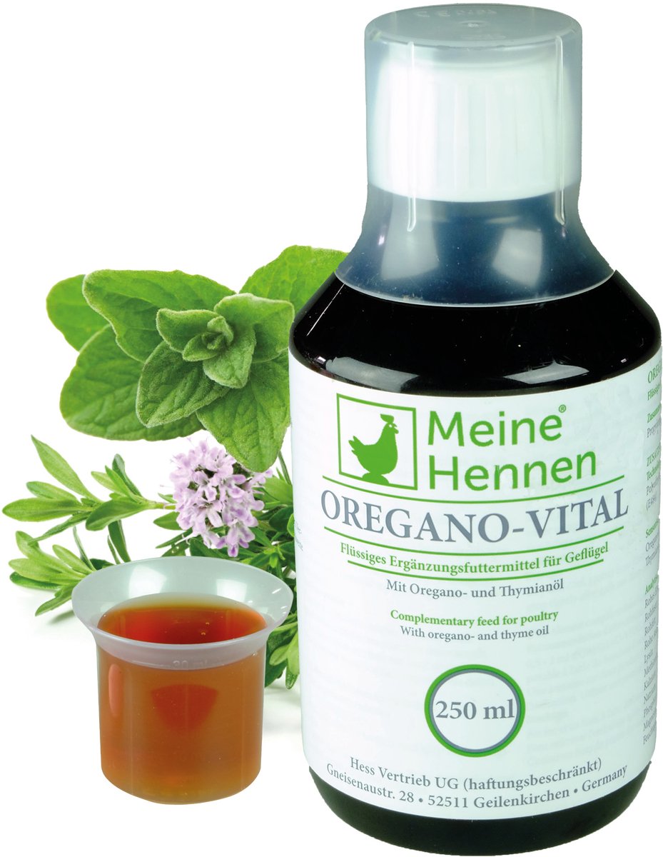 MyHens Oregano-Vital 250 ml, oregano-olie en tijmolie, drinkwatertoevoeging voor kippen, duiven en kwartels ter ondersteuning van een gezonde stofwisseling