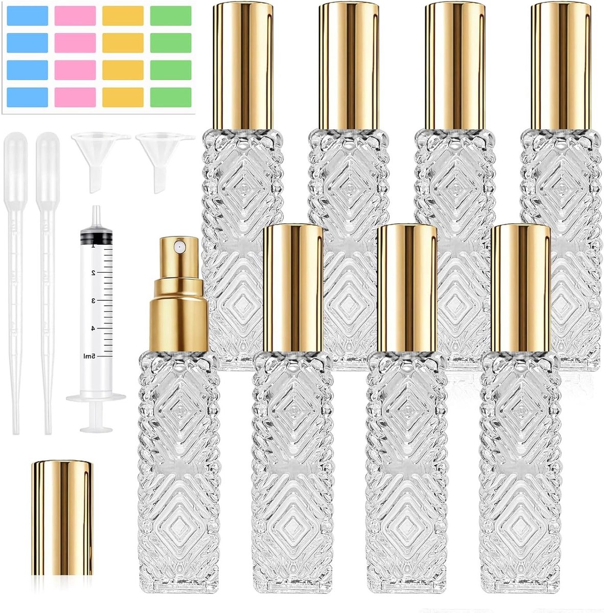 8 Stuks Parfum Atomizer van Glas 12ml - Perfect voor Reizen, Handtassen en Op Reis met Vulaccessoires zoals Druppelaar, Trechter en Spuit.