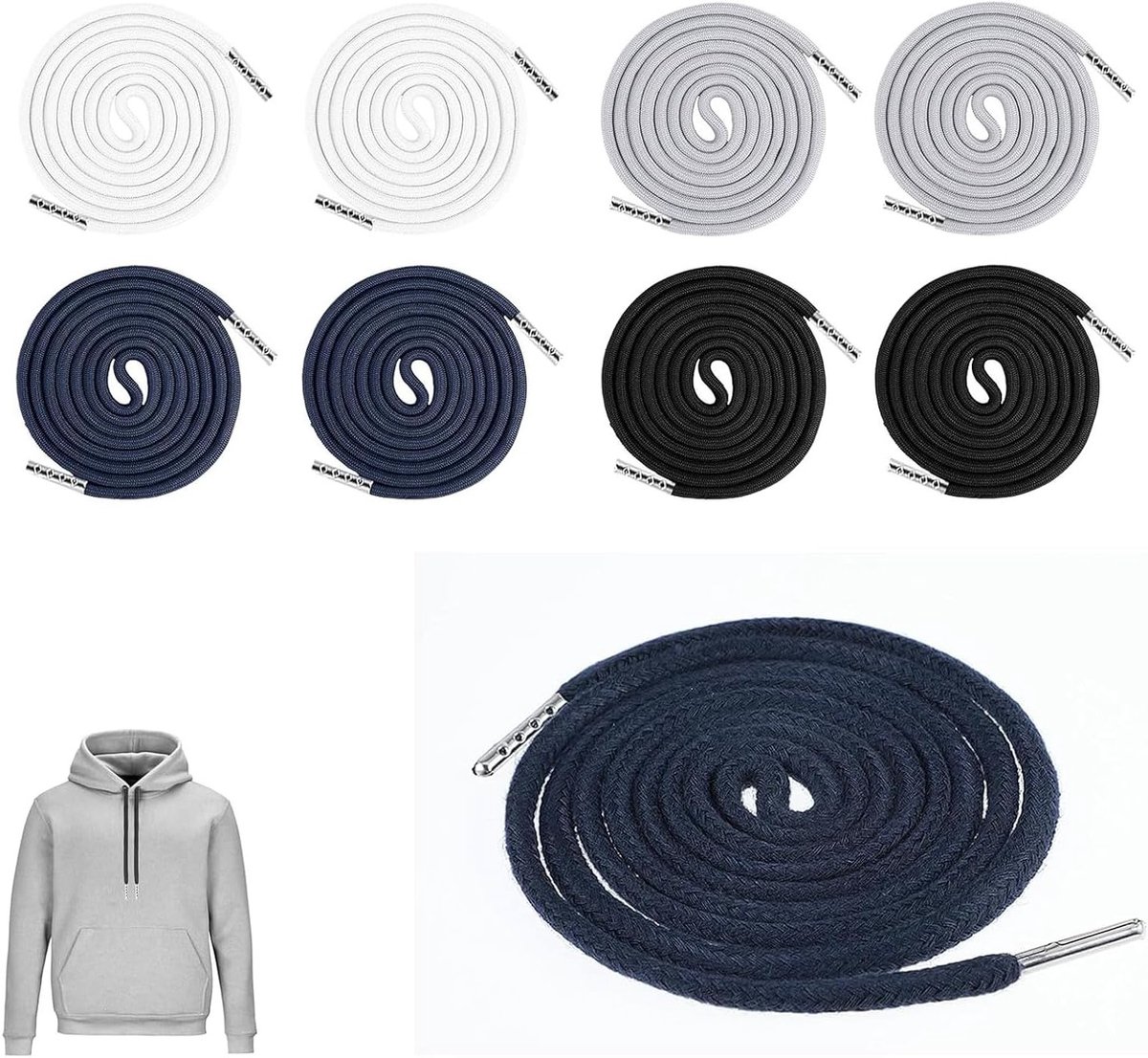 Verstelbare Koorden voor Joggingbroeken en Hoodies, 8 Stuks van 130 cm, Geschikt voor Sportkleding en Casual Trousers in Wit, Grijs, Zwart en Donkerblauw