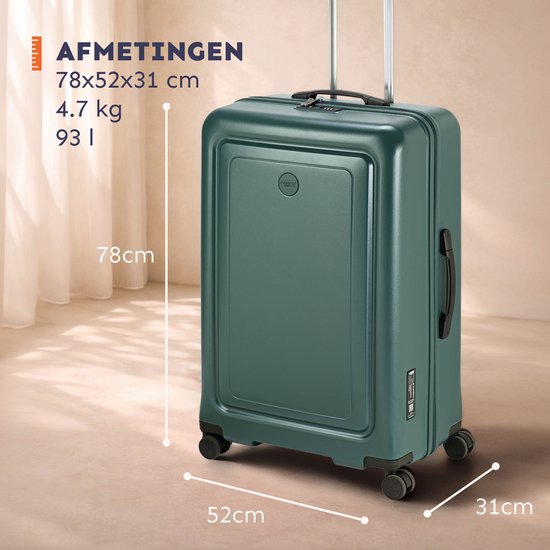 Grote groene koffer van Princess Traveller, afmetingen 78x52x31 cm, 4.7 kg, 93 liter.