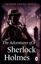 Boekomslag: Sherlock Holmes met pijp en vergrootglas, 'The Adventures of Sherlock Holmes'.
