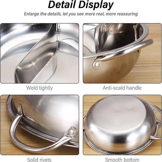 RVS Hete Pot - Hotpot met verdeler - Gezellig eten - Dubbele bouillon koken - 28 cm - Zilver — afbeelding 4