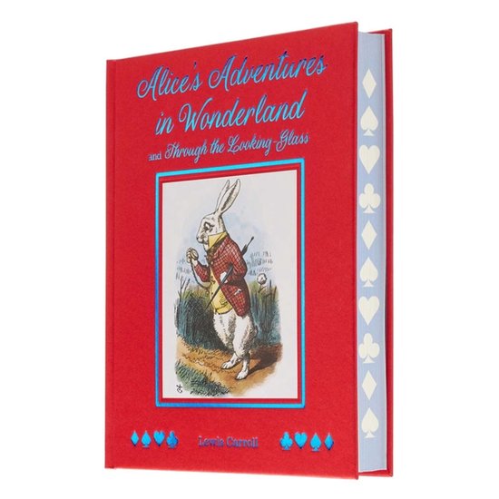 Rood boek, Alice's Adventures in Wonderland, met de Witte Konijn in een rood jasje. Zijkant met kaartsymbolen.