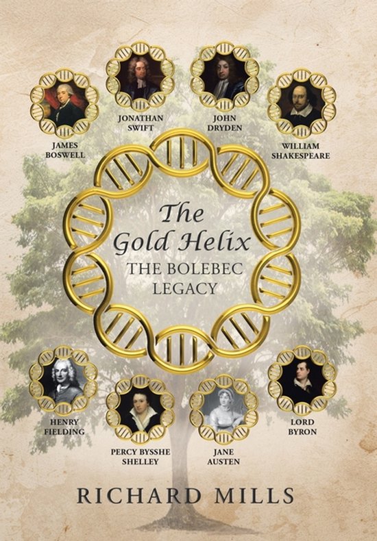 Boekomslag: "The Gold Helix" met een gouden DNA-spiraal, omringd door portretten van bekende schrijvers, met een boom op de achtergrond.