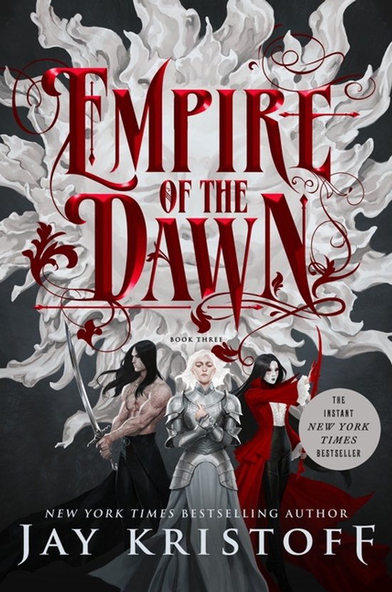 Boekomslag van Empire of the Dawn, Boek Drie, met een zwaardvechter, een ridder en een vrouw in rode mantel. De tekst luidt "Empire of the Dawn", "Book Three", "The Instant New York Times Bestseller", "New York Times Bestselling Author Jay Kristoff".