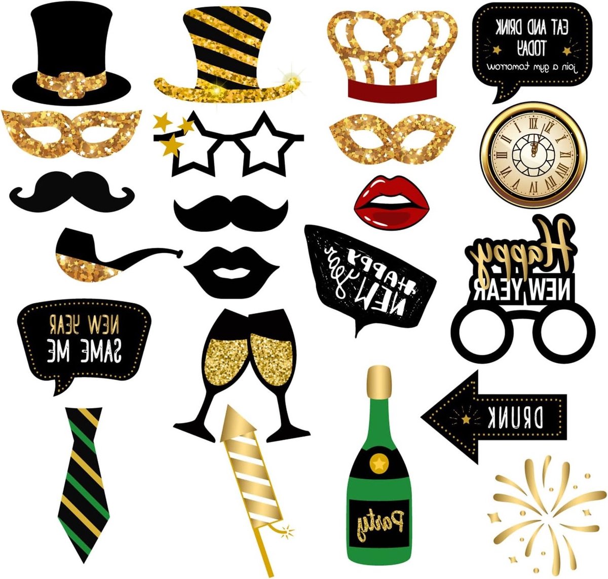 22-delige nieuwjaarsfeest fotohokje accessoires set voor feestdecoratie, leuke props voor oudejaarsavond en nieuwjaarsviering