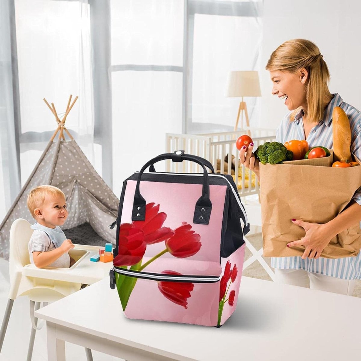 Luiertas Rugzak - Babytas Mummie Tas - Babyverzorging Thuis - Veelzijdig Gebruik - Grote Capaciteit - Bloem Rood – foto 2
