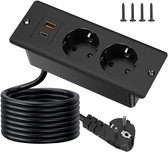 Inbouwstopcontact met USB en Type-C, 4-in-1 tafelstopcontact, 2-voudige inbouwstekkerdoos met 2 meter kabel en meerdere aansluitingen voor gebruiksgemak