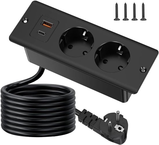 Zwart ingebouwd stopcontact met 2 stopcontacten, 1 USB-A en 1 USB-C-poort, met een oprolbare kabel en stekker.
