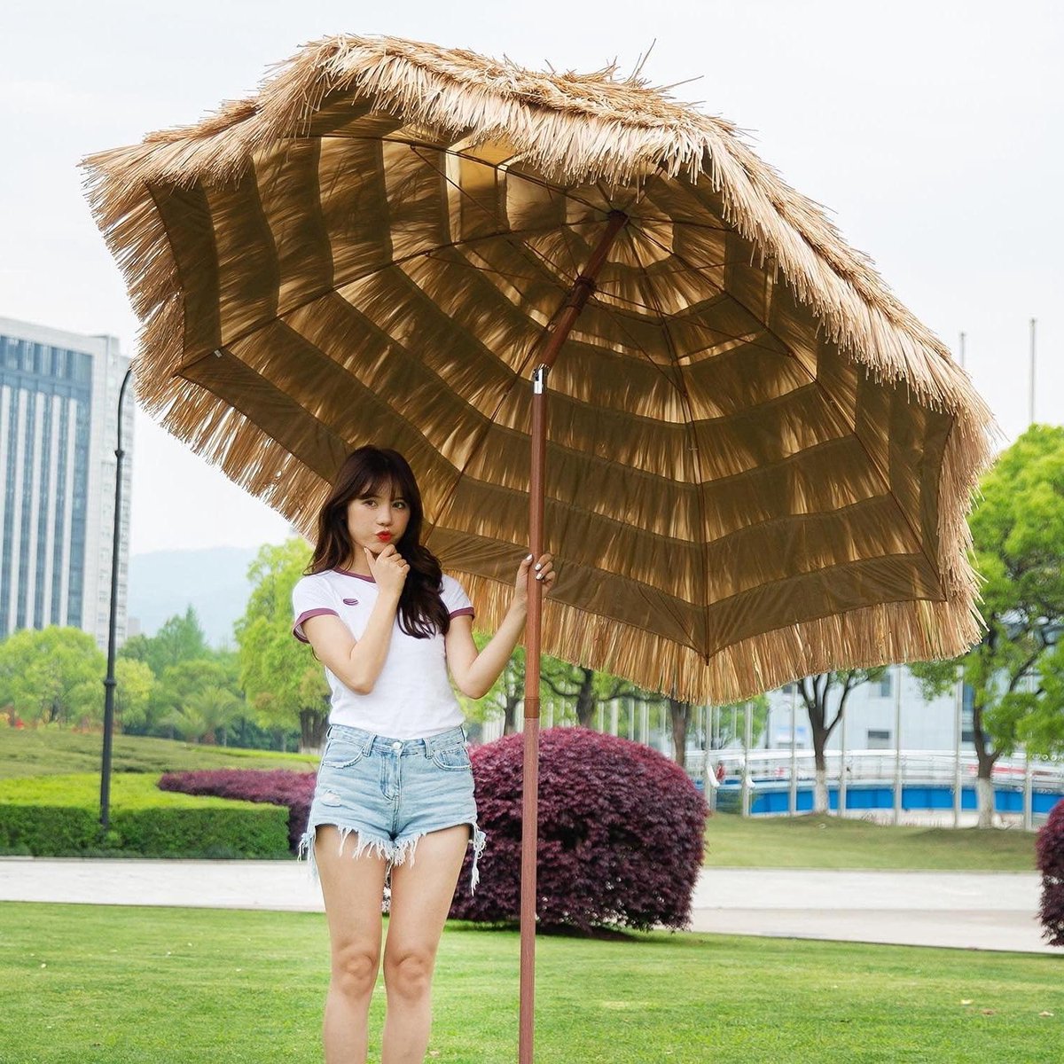Strandparasol Raffia - Tiki Parasol Palapa - Zonwering Buiten - Kantelbaar - 2.4 m - Bruin