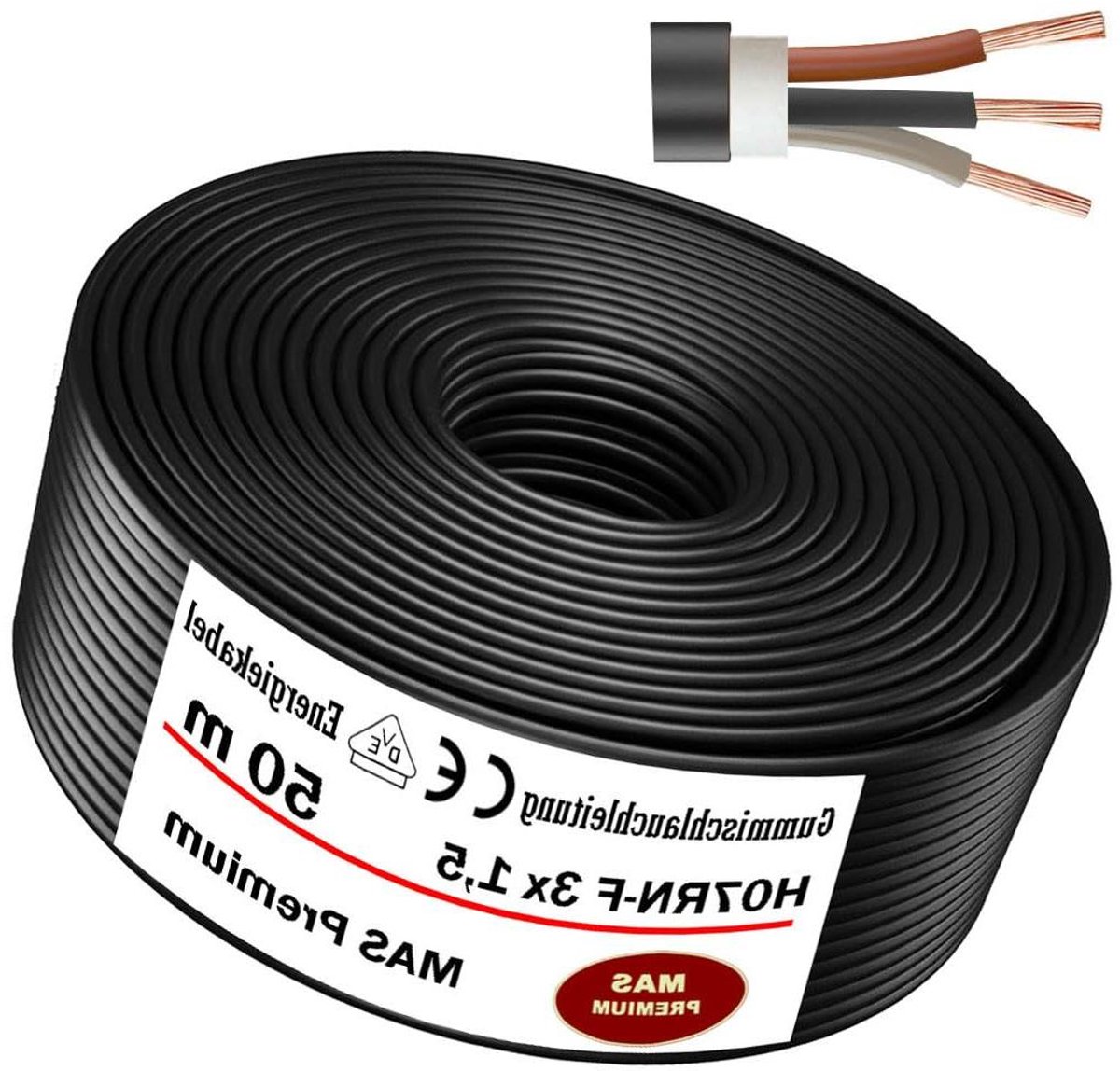 Rubberen Slang Kabel - Bouwplaatskabel Energiekabel - Zware Apparatuur Aansluiten - Olie UV Ozon Bestendig - 50 meter - Zwart