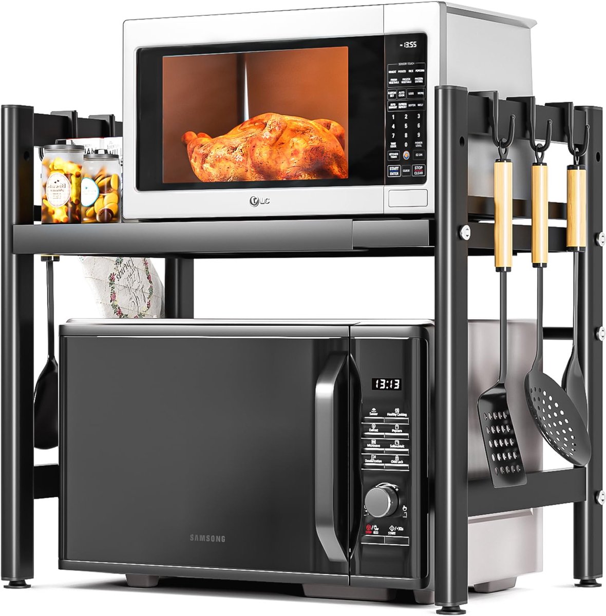 Dreamhigh® Magnetron Ovenrek - Ovenrek met 6 Haken - Verstelbaar Magnetron Rek - Uitschuifbaar Keukenrek - Keuken Organizer - Verstelbaar & Afneembaar - 40-60 cm