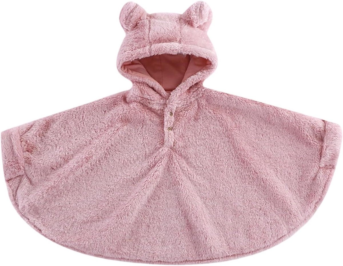Baby Fleece Poncho - Kinder Cape - Warm Houden - Met Capuchon - One Size - Roze Leopard Cream