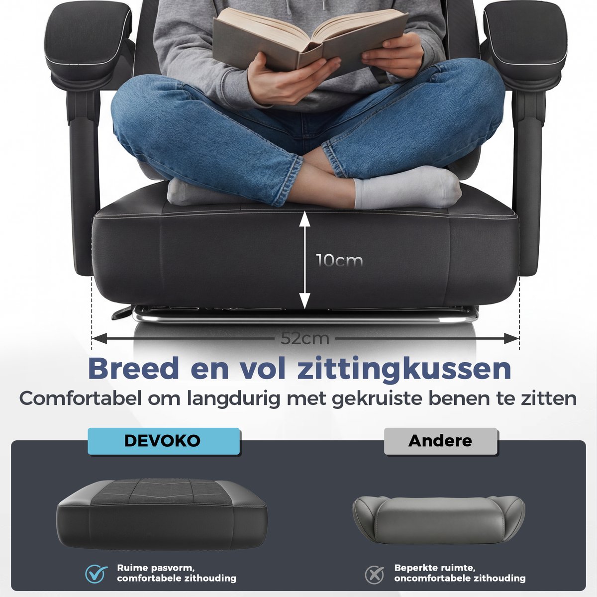 Devoko Game Stoel - Ergonomische Gamestoel - Unieke zijde - katoen stof - Individuele veerkern - Gaming chair met Uitschuifbare Voetensteun-Bureaustoel met hoofdsteun en lendensteun- 150 kg - Zwart – foto 2