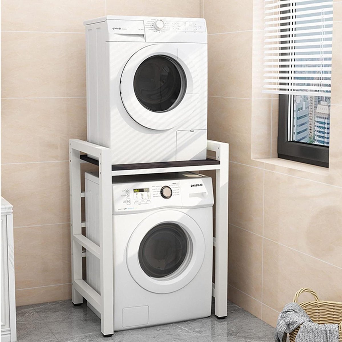 Wasmachine Opbergrek - Opbergunit boven - Ruimte Besparen - 3 Hoogtes Verstelbaar - L75xW65xH105cm - Wit Zwart