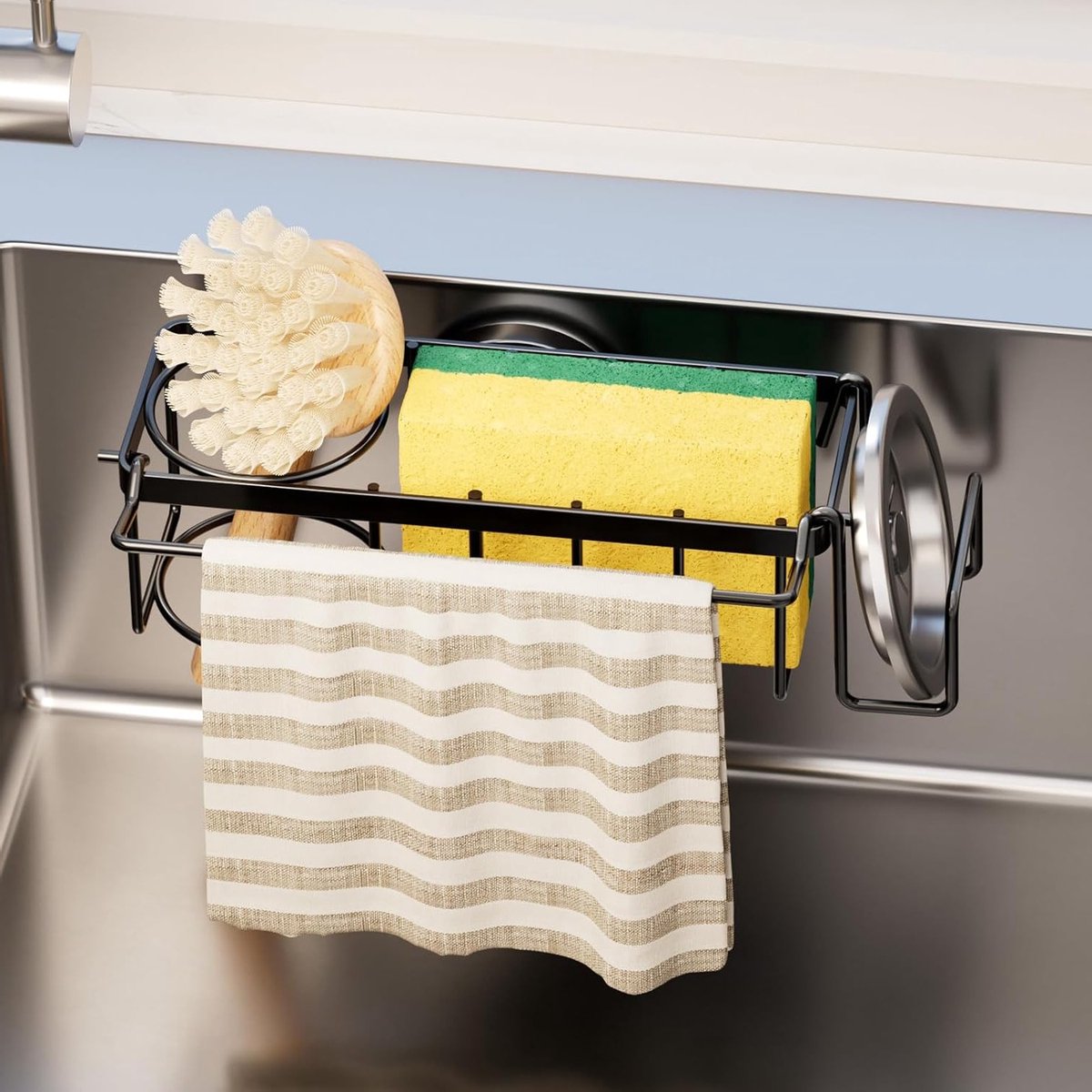 Sponshouder voor aanrecht, multifunctionele 4-in-1 afwas caddy met sterke zuignap voor keukenopslag van vaatdoek, borstel en stop.
