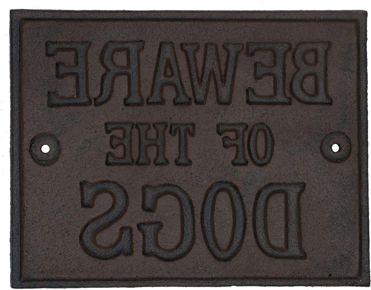 Hondenbord Gietijzer - Waarschuwingsbord Huis - Hek Decoratie - Rustieke Afwerking - 23 x 18 cm - Bruin Roest