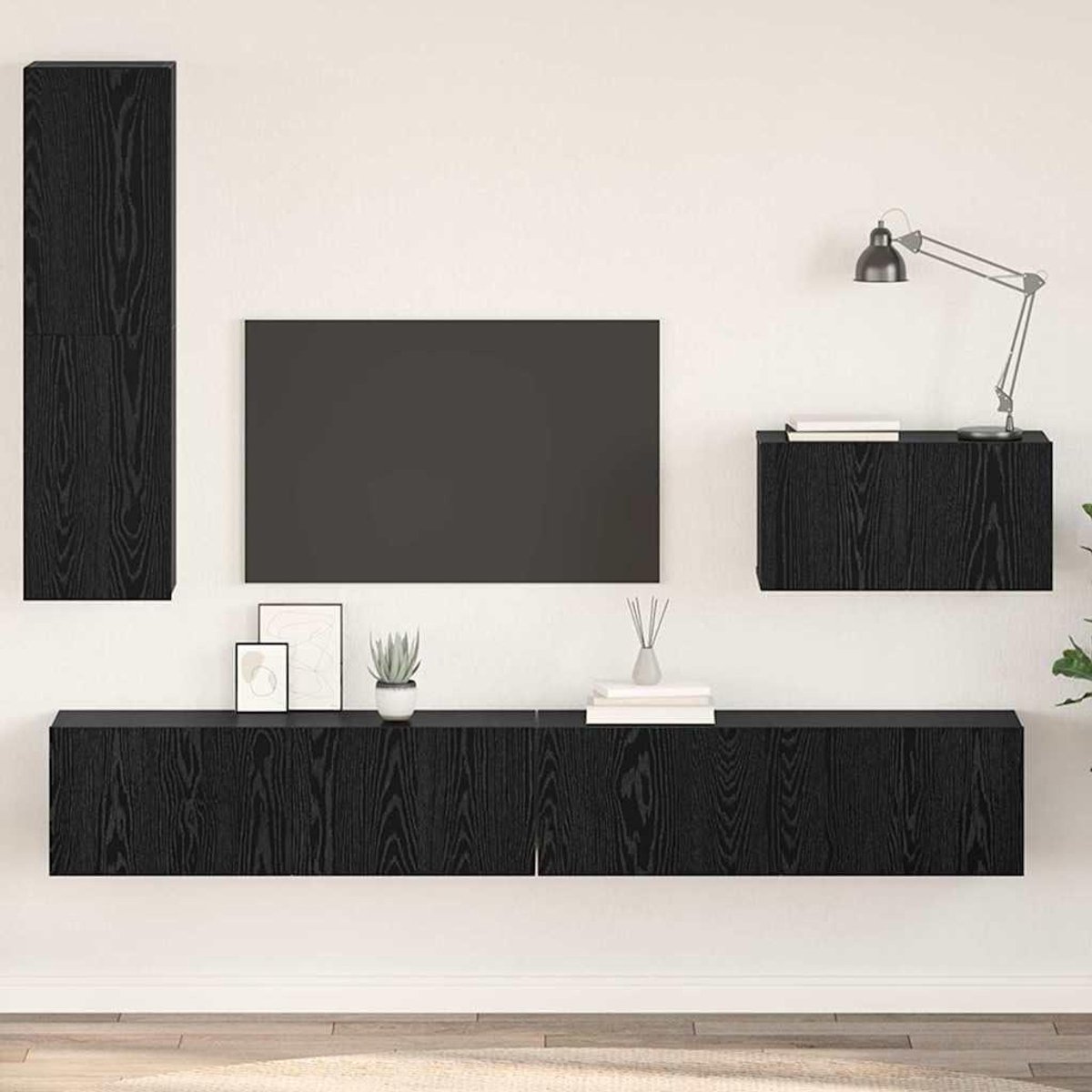 Wand tv kast - Opbergkast Media - Woonkamer Organisatie - Modulair Kubusontwerp - 200 cm breed - Zwart Eiken