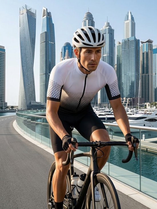 Wit zwart sport wielren shirt heren korte mouw fiets jersey met rits ademend sneldrogend vochtafvoerend stretch MTB fietsshirt wielrennen racefiets maat XL — afbeelding 4