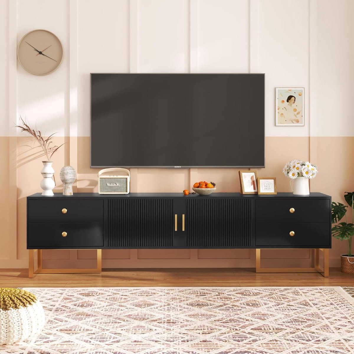 TV Kast - Mediabord Dressoir - Woonkamer Opbergen - Gestructureerde Deur - 175x30x46CM - Zwart