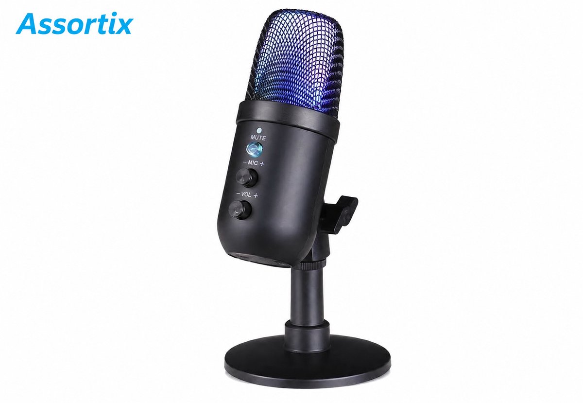 Assortix USB Gaming Microfoon met RGB Verlichting – Streaming, Podcast, Discord & PC Microfoon – Plug & Play – Zwart