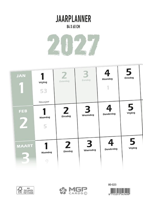Jaarplanner 2027, 84 x 60 cm, met vakken voor januari, februari en maart.