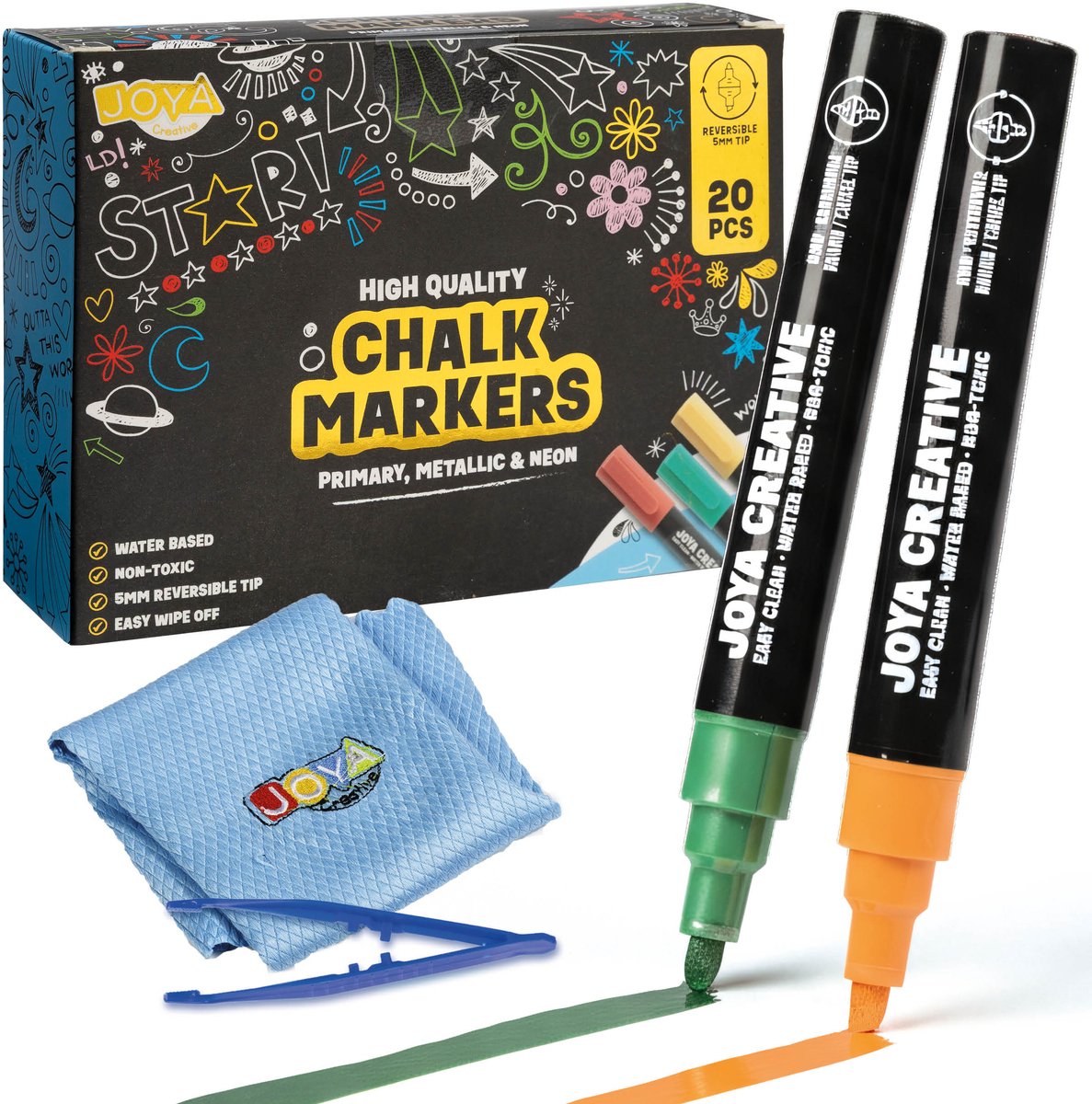 Raamstiften 20 Stuks - Krijtstiften Afwasbaar - Glasstiften voor Raam en Krijtbord - Whiteboard Stiften - Metallic en Neon Kleuren - Joya Creative