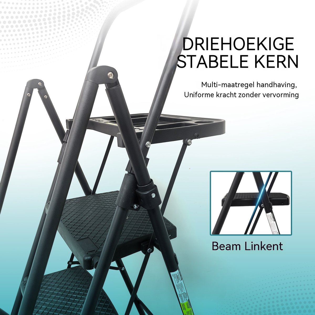 Opvouwbare Trapladder 5 Treden - Huishoudtrap-Inklapbare Ladder - Stalen Trapleer - Antislip Treden - Met Leuning - Gereedschapsbakje - Voor Binnen - 5 Treden - Klussen – foto 6