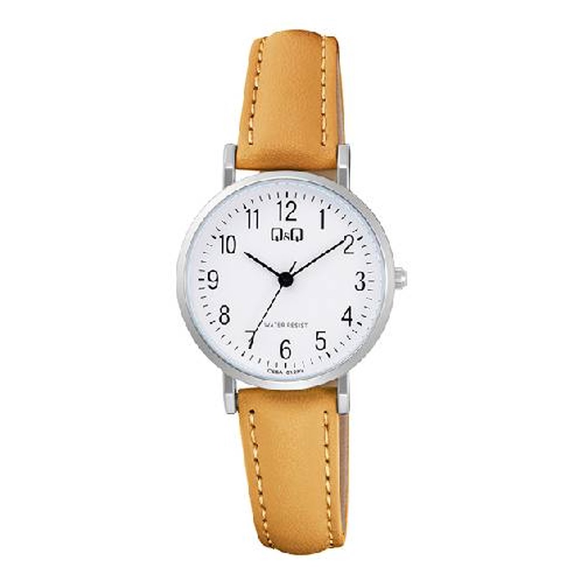 QQ-dameshorloge-model c66a-012-camel-zilverkleurig-3 atm waterdicht-leder-duidelijke wijzerplaat-diameter 28 mm