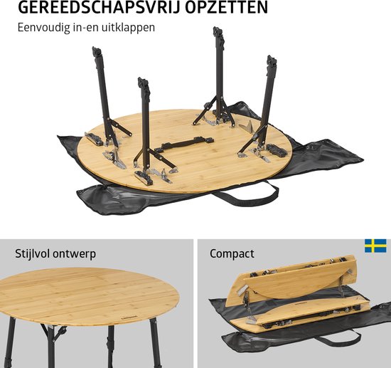 Campout Campingtafel - Ø90cm - Inklapbare Tuintafel - Opvouwbaar - Vouwtafel - Klaptafel - Hoogte Verstelbaar - Bamboe van Campout — afbeelding 5
