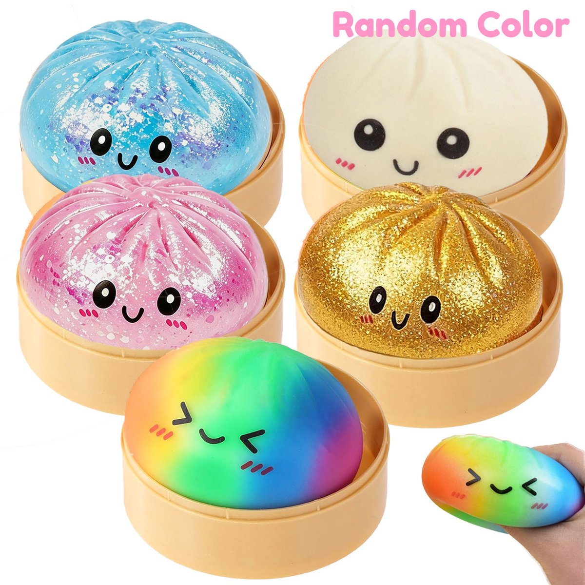 Dumpling Squishy Glitter 5 Stuks - Groot Dumpling Squishy Speelgoed met stoombox - Slow Rising stressverlichtend speelgoed - Stressballen volwassenen en kinderen - Willekeurige kleur