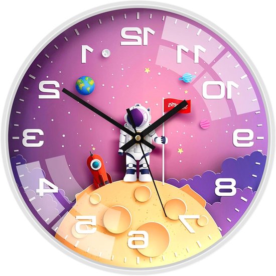 Wandklok zonder tikkende geluiden, kwartsuurwerk, wandklokken, astronauten, ruimtereizen, design, kinderwandklok voor woonkamer, slaapkamer, klaslokaal, keuken, kinderkamer