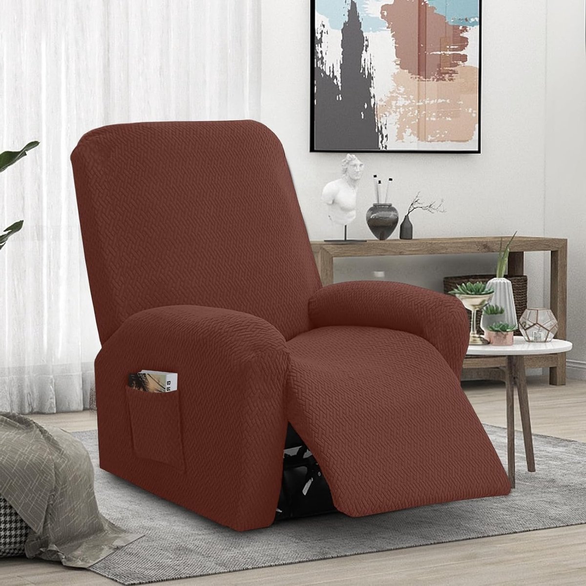 Stretch Stoelhoes Set van 4, Rekbare Hoes met Zakjes, All-in-One Recliner Stoelbeschermer en TV Stoelbeschermer in Gestreepte Jacquard (Donkerbruin) - Perfecte Bescherming voor Meubels