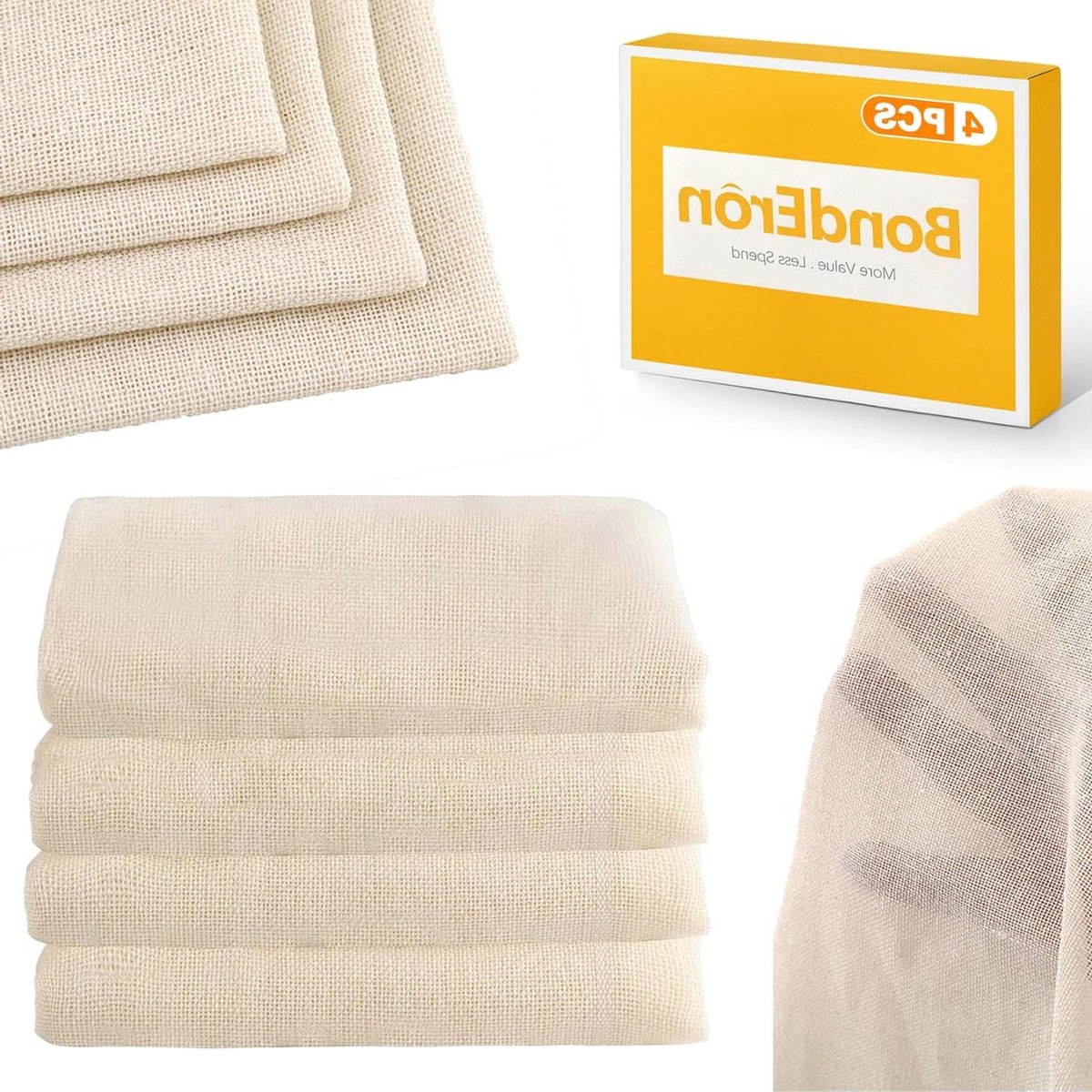 Set van 4 Herbruikbare Katoenen Doeken 50 x 50 cm Fijne Gaasdoek voor Filteren, Koken en Huishoudelijk Gebruik