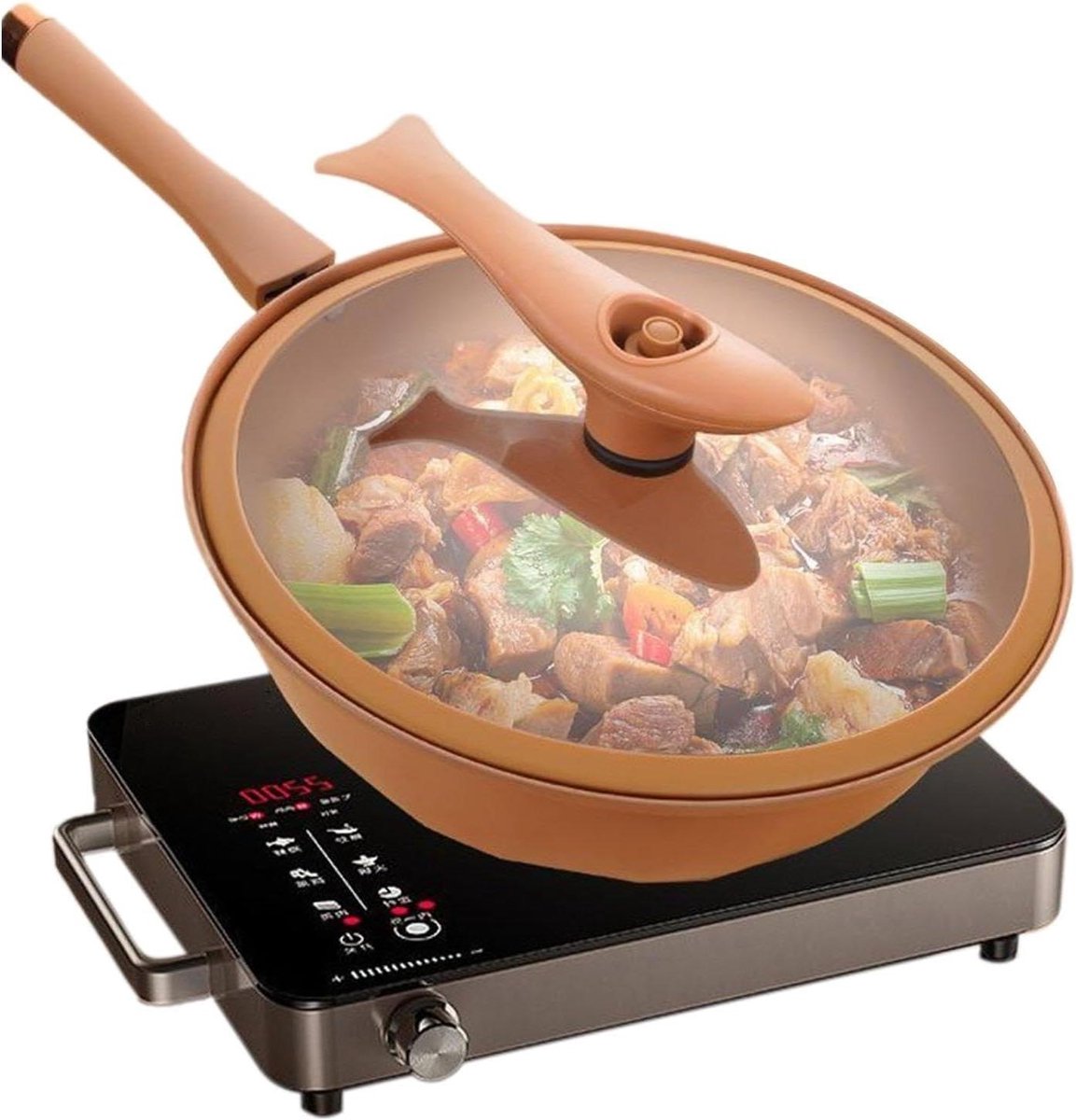 Wokpan met Deksel - Koekenpan Roerbakpan - Veelzijdig Koken - Anti-aanbak Structuur - 51 x 32 x 24 cm - Zwart