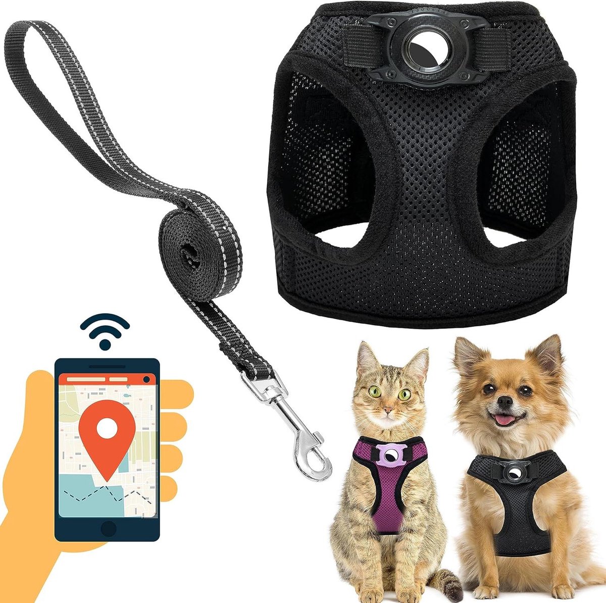 Hondenharnas met Airtag-houder - Honden tuigje Puppy harnas - Veilig Wandelen - Reflecterend en Ademend - Borstomvang 399-478 cm - Zwart