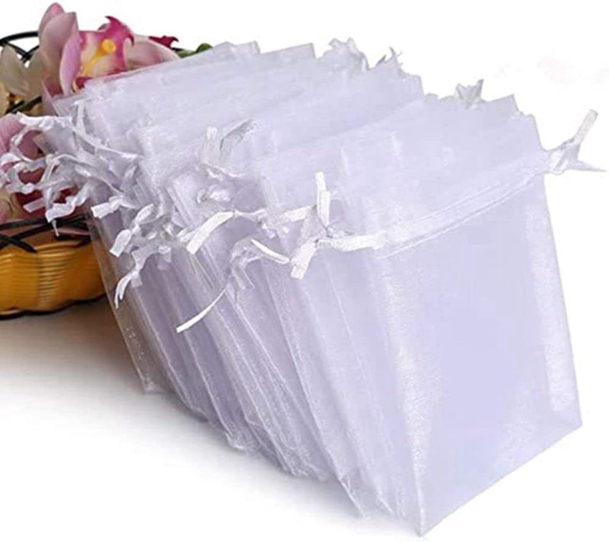 Mini Organza Cadeauzakjes - Bruiloftstasjes Opbergzakjes - Kleine Geschenken Verpakken - Met Trekkoord Sluiting - 50 Stuks 5x7 cm - Wit