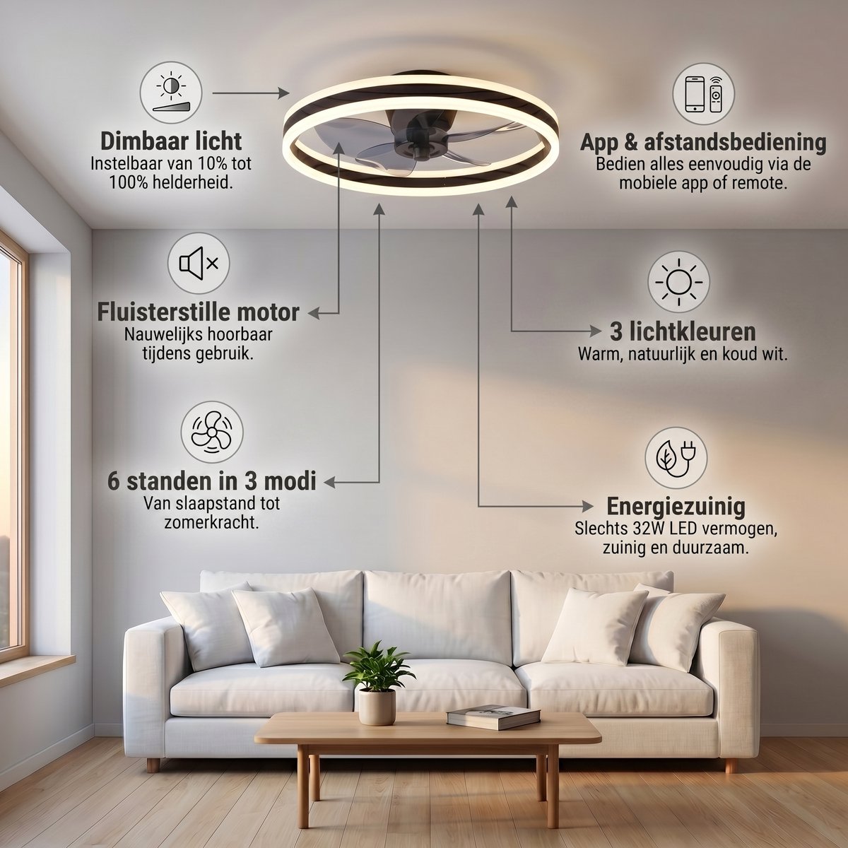 Plafondventilator met verlichting - Zwart - LED Ring 32W - Ø 50cm - Fluisterstil - App & Afstandsbediening - Dimbaar - Plafondlamp woonkamer - Plafonniere slaapkamer - Plafondlampen - Ventilator plafond thumbnail 3