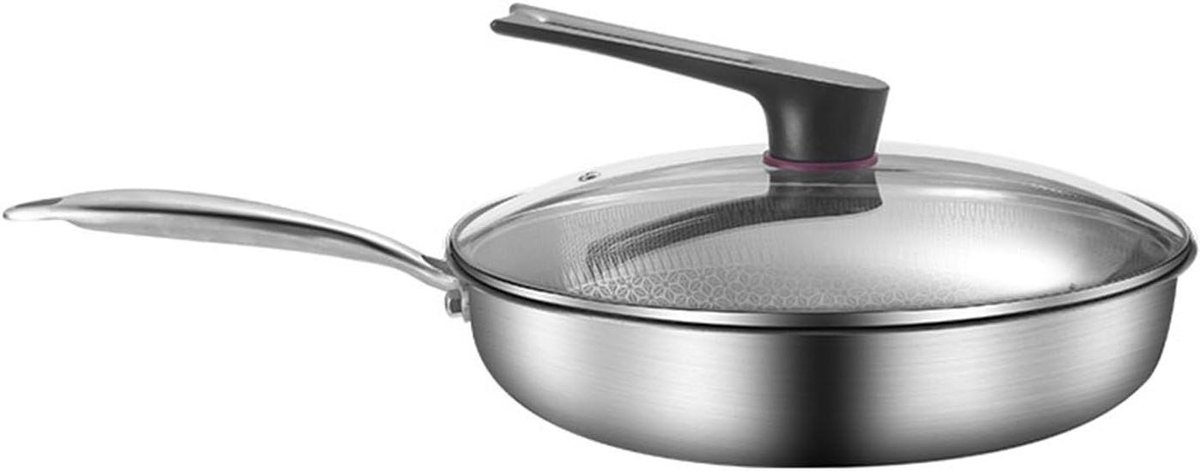 RVS Koekenpan - Koekenpan met Deksel - Gelijkmatig Koken - Antiaanbaklaag Krasbestendig - 32CM - Zilver