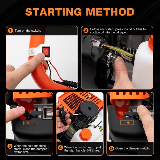 Benzine Grondboor - Palenboor Graafmachine - Gaten Boren - 52cc Tweetaktmotor - 80 cm Boorlengte - Oranje Zwart — afbeelding 5