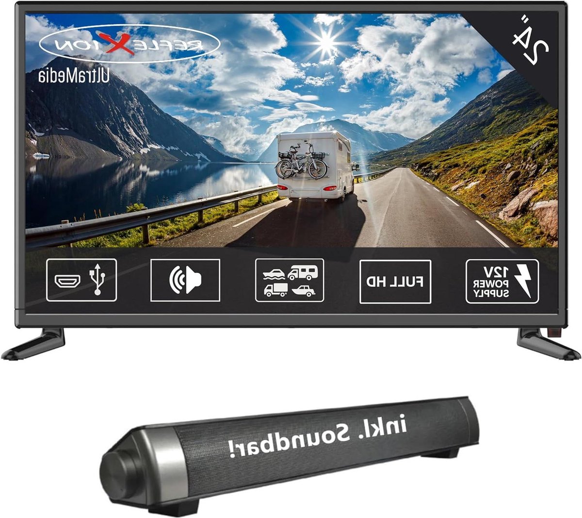 Full HD TV - Televisie Monitor - Kamperen Motorhome - Ingebouwde Soundbar - 24 Inch - Zwart