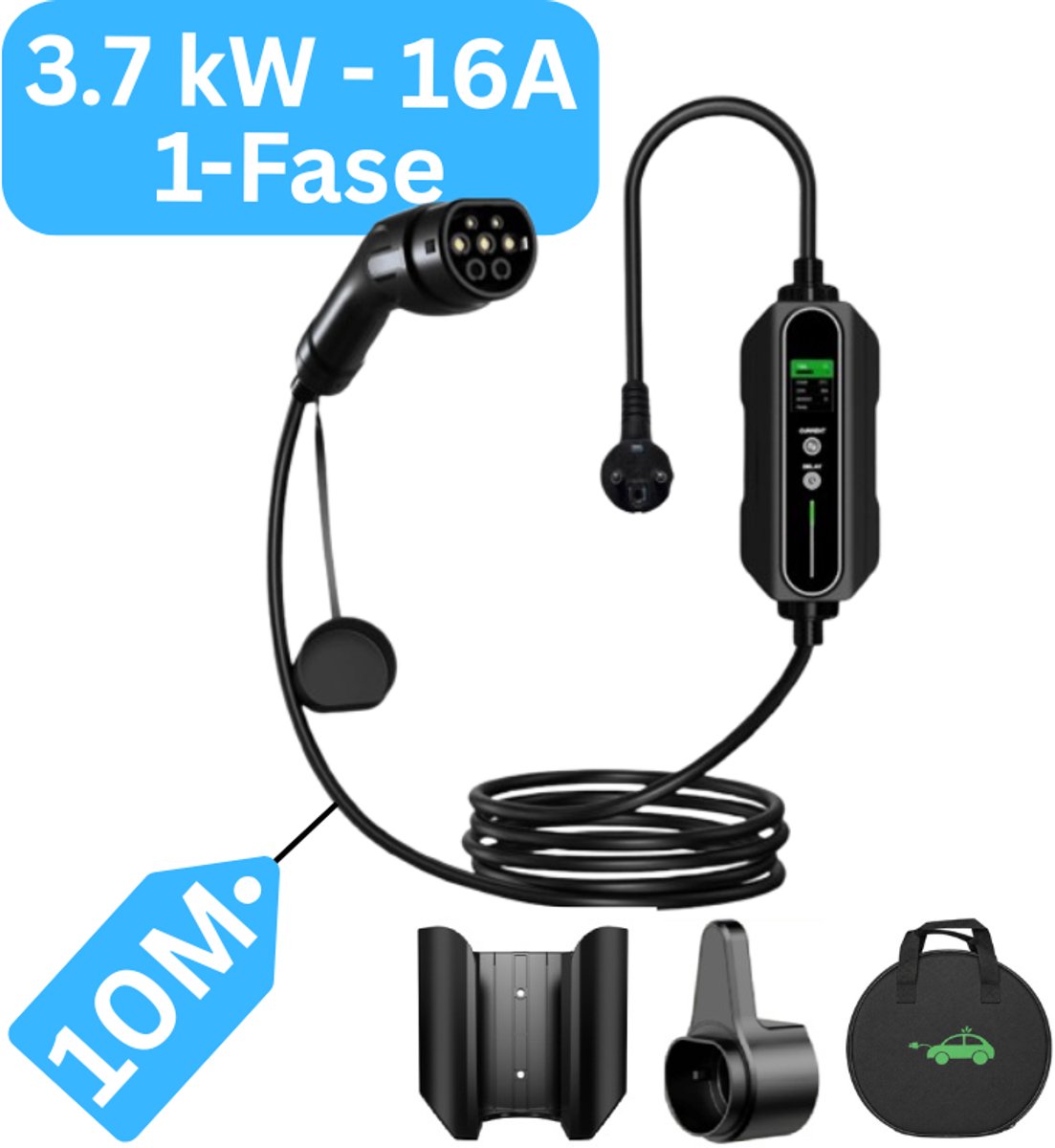 Mobiele Thuislader 3,7 kW set met ophangmateriaal en tas - IP67 Waterdicht - Type 2 vanaf stopcontact EU - 8A-16A - 1 Fase - 10 meter