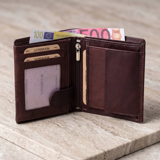 Lundholm portefeuille en cuir homme cuir nappa très souple modèle debout - modèle porte-billets marron avec protection anti-skim RFID | Cadeau pour mari | Hommes présente