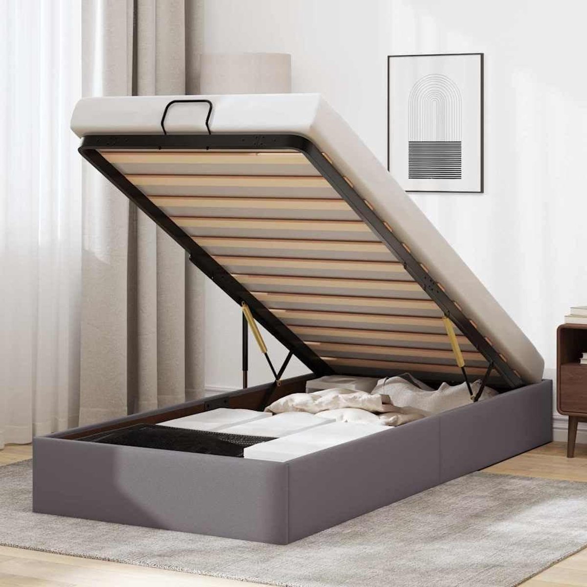 Ottomaans Bedframe - Opbergbed - Ruimte Besparen - Hydraulisch Hefmechanisme - 80x200 cm - Grijs