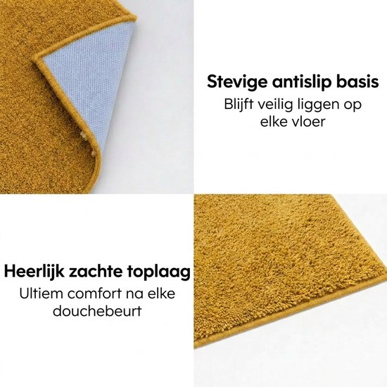 Okergele badmat met de tekst 'Stevige antislip basis' en 'Heerlijk zachte toplaag'.