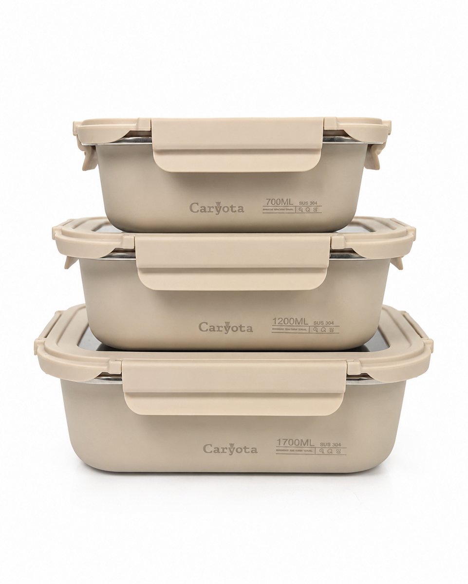 Caryota 304 RVS Lunchbox Set van 3 - Vershoudbakjes met Glazen Deksel - Anti-Lek - PFAS-vrij & BPA-vrij - Meal Prep - 3.6 liter - Vaatwasserbestendig
