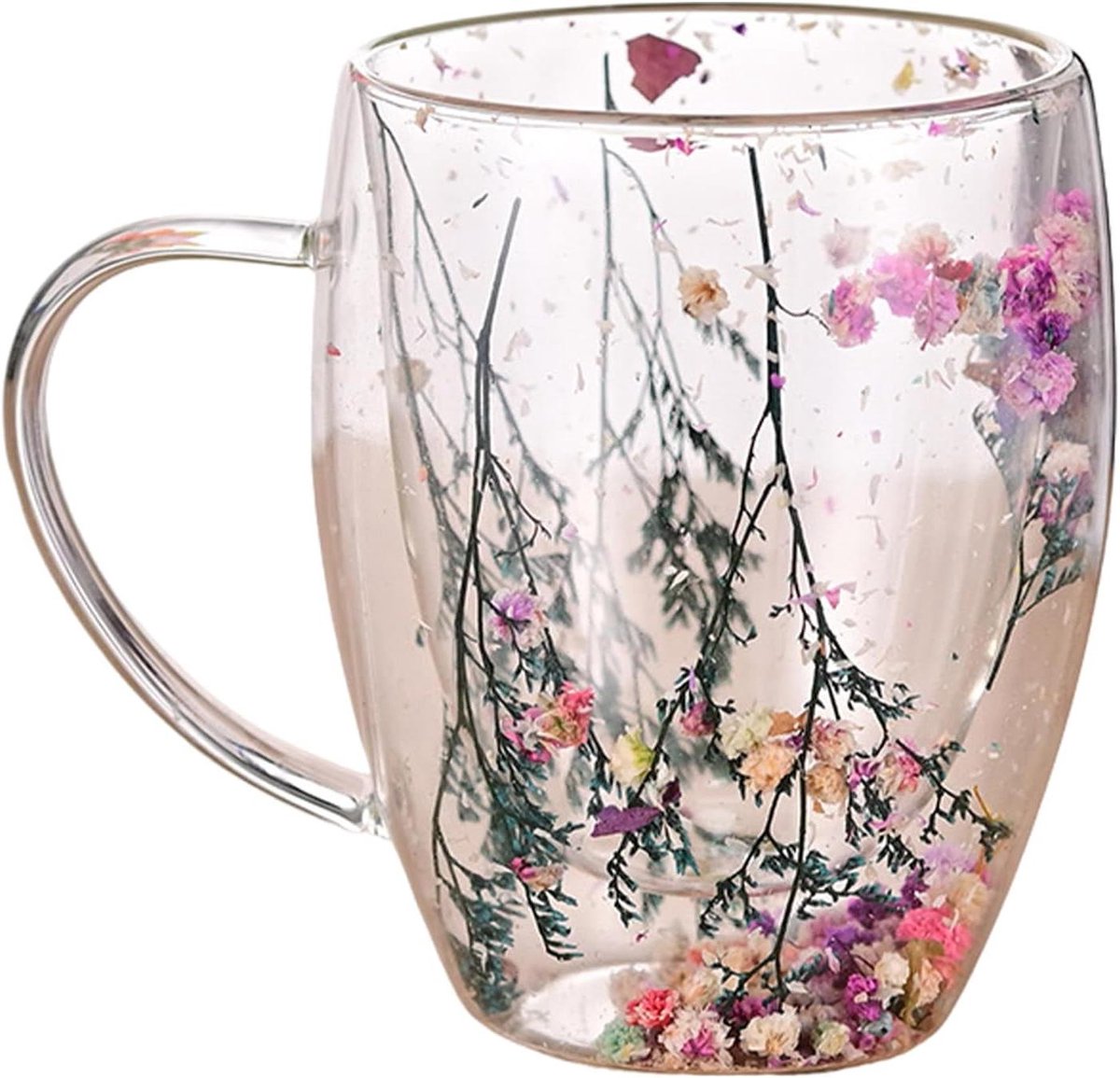 Glazen Mok - Theemok Koffiebeker - Dranken Serveren - Gedroogde Bloemen - 350 ml - Multicolor
