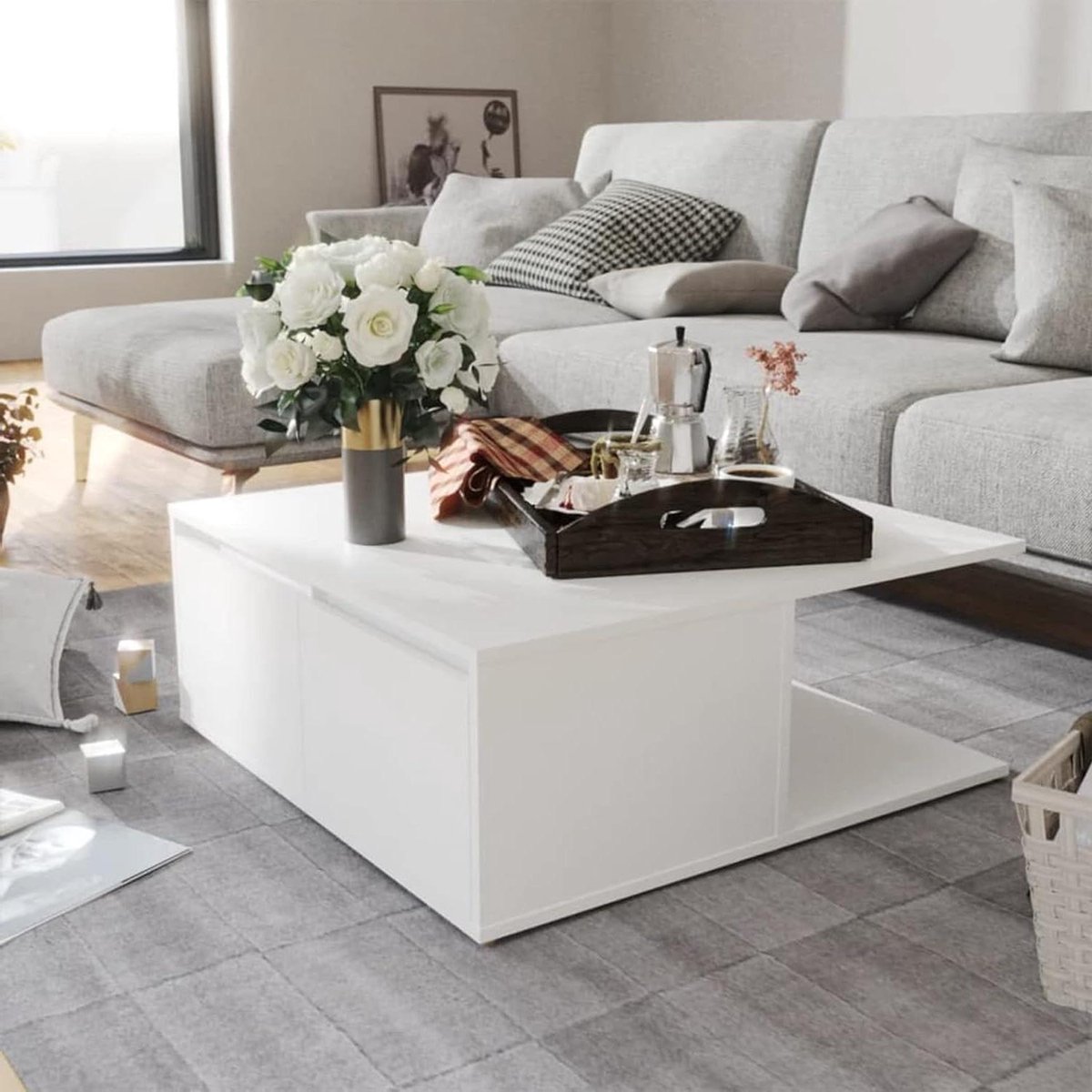 Koffietafel - Salontafel Bijzettafel - Woonkamer Inrichten - Met Laden en Vakken - 80x80x31 cm - Wit