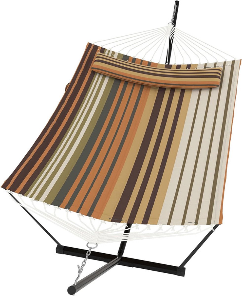 Hangmat met Standaard - 2-Persoons Hangmat - Inclusief Kussen en Balanstouw - Belastbaar tot 205 kg - Dubbele Hangmat voor Buiten - Tuin & Terras - bruin